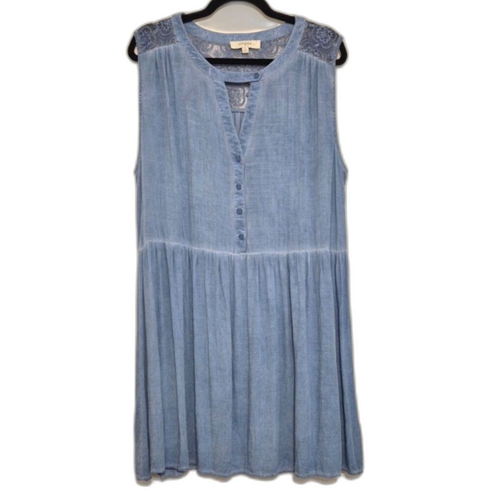Umgee Plus 2XL Chambray Lace Boho Babydoll Dress Sleeveless Tiered Blue Lace